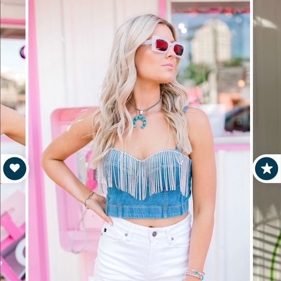 Denim corset top, sequin fringe, S, NWOT - Picture 2 of 6